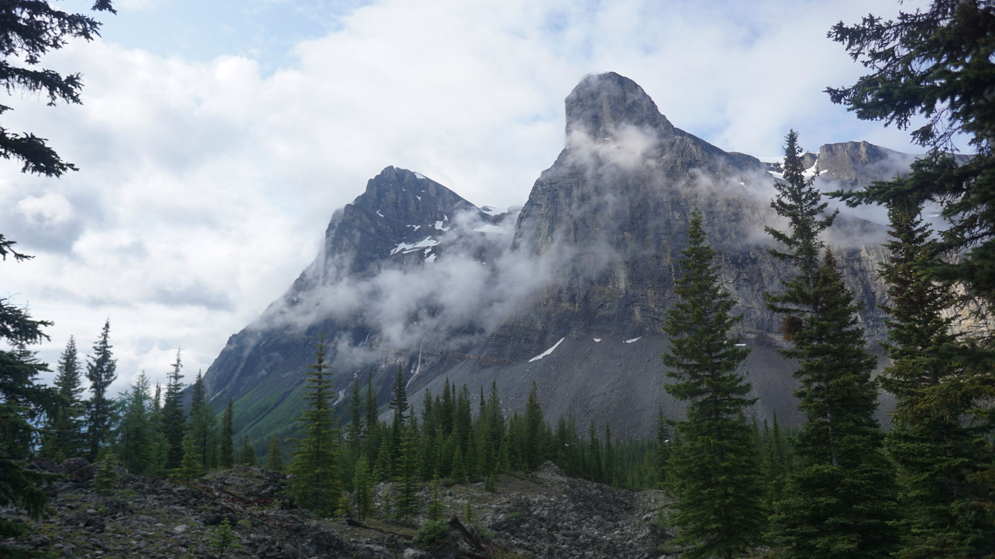 Der nebelverhangene Cascade Rock in den Kanadischen Rockies.