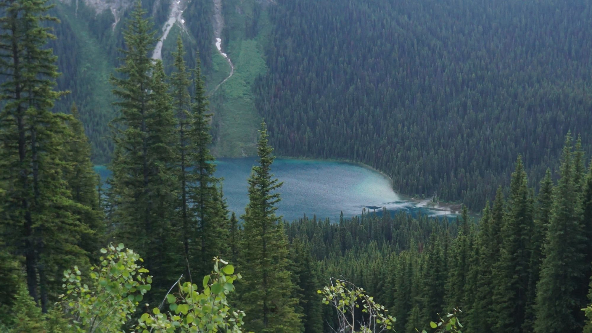 Ein erster Blick auf den Marvel Lake in den Kanadischen Rockies.