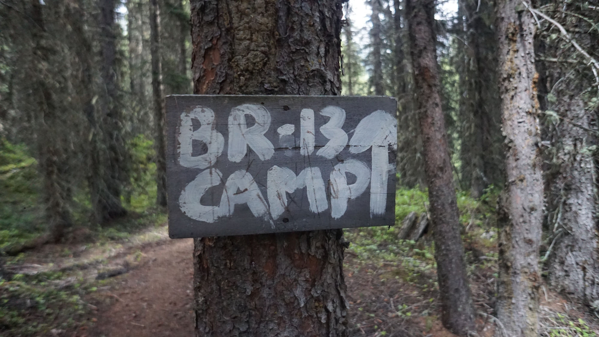 Das Schild zur Marvel Lake Campsite in den Kanadischen Rockies.